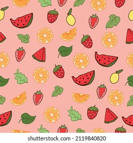 Fruity Delight Icons: Elevate your designs with this vibrant set of fruit icons. Watermelon, lemon, strawberry, and orange on a pink background, adding a pop of freshness to your creative projects.