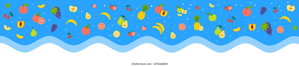 Fruity flat vector banner. Different fruits, berries on blue background. Healthy nutrition, vitamins, organic food. Banana, apple, grape isolated clipart collection, Ripe, raw fruits design element 