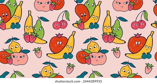 Fruity Friends Seamless pattern. Featuring cute characters like banana and lemon hand drawn in vibrant colors. Vector, nice for vibrant kids designs and textile decorations.