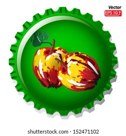 fruity green bottle cap with red yellow apples , isolated on white background vector