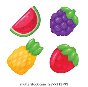 Fruity gummies. Cartoon jelly candies, chewy jelly candy sweets with watermelon, pineapple, strawberry and blackberry flavor flat vector illustration set. Jelly candies collection