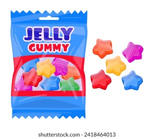 Fruity gummies package. Chewy jelly candy sweets with fruit flavor flat vector illustration. Gummy jelly candies bag on white