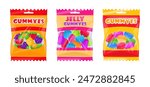 Fruity gummy packages. Chewy jelly candy sweets with fruit flavor flat vector illustration set. Gummy chewy jelly candies bags