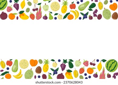 Banner horizontal de cortesía con espacio de copia.  Marco rectangular lleno de diferentes frutos exóticos. Diseño de plantillas con fondo tropical relacionado. alimentos para agricultores locales. Ilustración de vector plano dibujado a mano