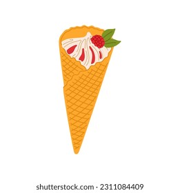 Fruity ice cream in waffle cone, sundae in wafer with raspberry on top. Vector cream dessert italian sundae, gelato ice-cream snack. Fastfood ice-cream cone