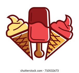 Fruity ice cream in waffle cone and on stick