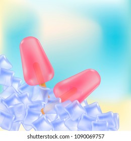 Fruity ice lollies with ice cubes background