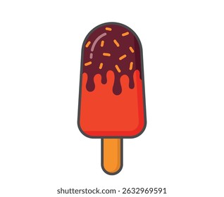 Fruity ice lolly with chocolate and sprinkles. Ice cream, cold dessert and summer food. Isolated vector image
