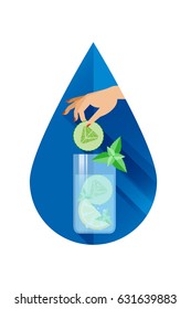 Fruity ice water. The hand holding the cucumber and puts it in a glass with lemon, mint, water and ice. Flat design. Form drops of water.