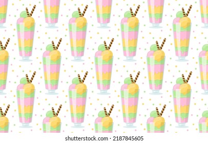 Fruity Icecream glass jar straw seamless pattern. Sweet cold dessert beautiful dish cup restaurant menu napkin modern kid holiday handmade wrapping paper print textile wallpaper festive background
