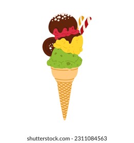 Fruity icecream in waffle cone, tasty summer dessert. Vector sweet frozen ice-cream scoop, fastfood snack. Gelato or sundae ice cream, ice ball in wafer