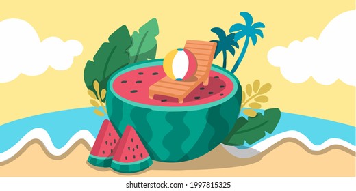 Fruity Juicy Watermelon On The Beach Doodle Illustration Vector