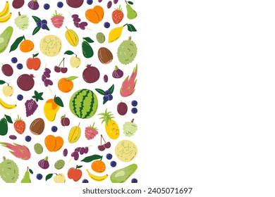 Fruity left side design concept. Rectangular background with copy space. Geometric composition for farmers market banner. Local eco organic fruits. Agricultural hand drawn flat vector illustration