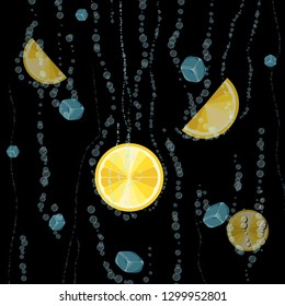 Fruity with lemon and ice cubes on a black background. Bright citrus background Lemonade from lemons