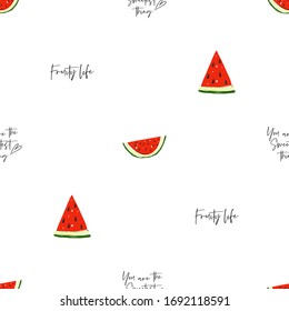 Fruity life seamless pattern with watermelon slices. Background with fresh fruits, vivid red and green colors on white backdrop.