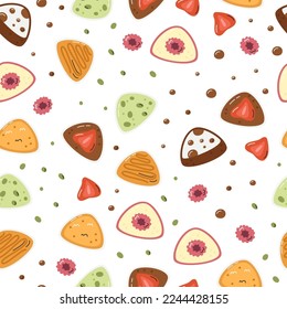 Fruity mochi seamless pattern. Popular japanese traditional food dango surface design. Classic rice cakes with flavors. Asian dessert daifuku hand drawn flat vector illustration isolated on white