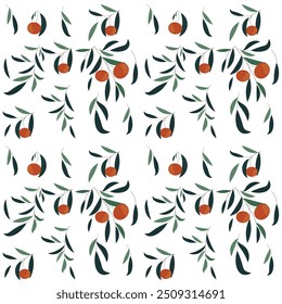 Fruity orange seamless pattern of tangerine and leaves isolated on white background. Organic products for healthy food, kitchen, market, textile design.