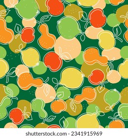  Fruity pattern. Abstract Summer fruits, food lemon, apple, pear. Harvest. Set, collection, line art, drawing. Vector Illustration on a white isolated background.