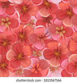 Flores rosas y rojas. Vector. Textura de fondo geométrica sin soldadura. Cerezo en flor, manzana, albaricoque, melocotón. Sakura. Art.