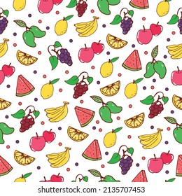 Fruity Polka Dot Extravaganza: Dive into a lively and seamless pattern featuring cheerful polka dots with vibrant fruit icons, showcasing grapes, bananas, and more for a playful and energetic design.