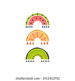 Fruity rainbow vector illustration isolated on white. Watermelon Kiwi Orange fruit arch nursery cli-art. Juicy Summer baby print design 