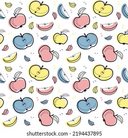 
Fruity seamless pattern with blue, pink and yellow apples, apple slices and leaves on a white background. Vector background for paper, cover, fabric, gift wrapping, wall art.