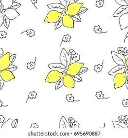 Fruity seamless pattern of flowering lemon tree. Mediterranean ornament. Artistic backdrop for wallpaper, packaging paper, textile, print, furniture, home decor, invitation cards, scrapbook
