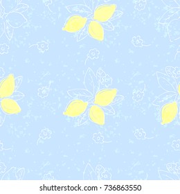 Fruity seamless pattern of flowering lemon tree. Mediterranean ornament. Artistic backdrop for wallpaper, packaging paper, textile, print, furniture, home decor, invitation cards, scrapbook