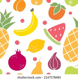 Fruity seamless pattern. Hand-drawn in doodle style. Creative background with bright fruits. Pineapple, banana, watermelon, pomegranate, lemon, pear, apricot, apple, fig, berry, and persimmon.