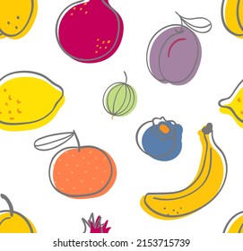 Fruity seamless pattern. Hand-drawn in doodle style. Creative background with bright fruits. Banana, pomegranate, lemon, berry, gooseberry, plum, tangerines and blueberry.