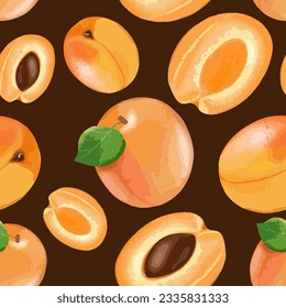 Fruity seamless pattern with juicy apricots on a dark brown background. Pattern for textiles, wrapping paper, covers, wallpapers, postcards, backgrounds