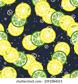 Fruity seamless pattern with lemon and lime, ice cubes and mint leaves on a blue background. Bright citrus background Lemonade from lemons and limes. Cocktail. Soda.