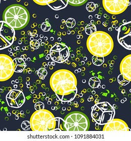 Fruity seamless pattern with lemon and lime, ice cubes and mint leaves on a blue background. Bright citrus background Lemonade from lemons and limes. Cocktail. Soda.
