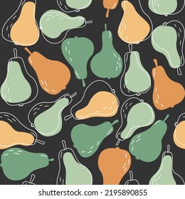 Fruity seamless pattern with orange and blue pears on a gray background. Vector background for paper, cover, fabric, gift wrapping, wall art.