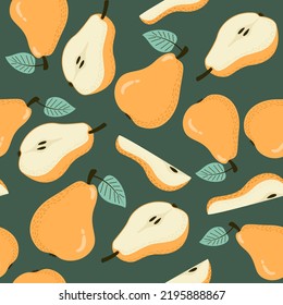 Fruity seamless pattern with orange pears with leaves and pear slices on a green background. Vector background for paper, cover, fabric, gift wrapping, wall art.