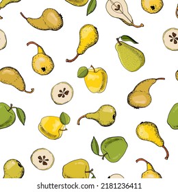 A fruity seamless pattern. Pears, apples. Designs for fabric, textiles, wallpaper, packaging.	
