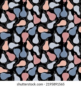 Fruity seamless pattern with pink and blue pears on a black background. Vector background for paper, cover, fabric, gift wrapping, wall art.