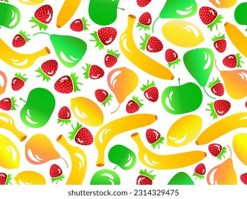 Fruity seamless pattern with strawberries, apples, bananas, pears, lemons in 3d style. Summer berry-fruit mix on a white background. Design for print, banners and posters. Vector illustration