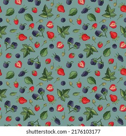 Fruto sin fisuras con fresas y moras. Diseño para tela, textil, papel pintado, empaque, café.	