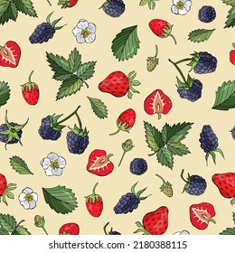 Fruchtnahtloses Muster mit Erdbeeren und Brombeeren. Design für Gewebe, Textilien, Tapeten, Verpackung, Café.	
