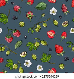 Fruity seamless pattern with strawberries, gooseberries, raspberries and currants. Design for fabric, textile, wallpaper, packaging, cafe.
