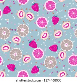 Fruity seamless pattern with strawberry, kiwi, orange and grapefruit. Fruit with ice. Cocktail pattern.