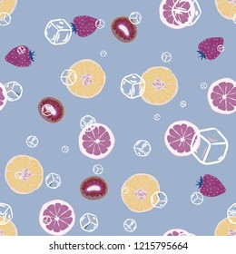 Fruity seamless pattern with strawberry, kiwi, orange and grapefruit. Fruit with ice. Cocktail pattern.