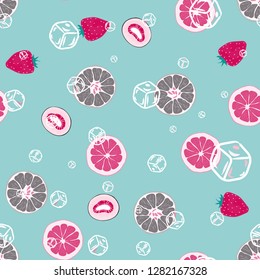Fruity seamless pattern with strawberry, kiwi, orange and grapefruit. Fruit with ice. Cocktail pattern.