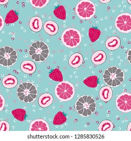 Fruity seamless pattern with strawberry, kiwi, orange and grapefruit. Fruit with ice. Cocktail pattern.