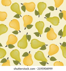 Fruity seamless pattern with yellow and green pears on a beige background. Vector background for paper, cover, fabric, gift wrapping, wall art.
