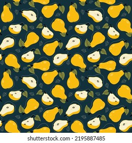 Fruity seamless pattern with yellow pears with pear leaves and slices on a blue background. Vector background for paper, cover, fabric, gift wrapping, wall art.