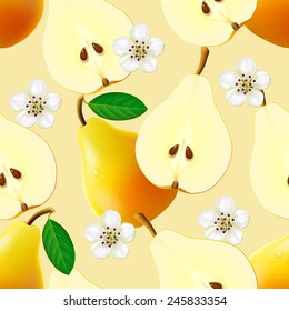 Fruity seamless pattern with yellow pears, leaves, halves and flowers on beige background. Vector illustration. 