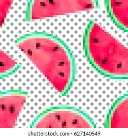 Fruity seamless polka dot vector pattern with pixel watermelon pieces.