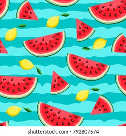  Fruity seamless vector pattern with  pieces watermelon and lemon. Striped  background.